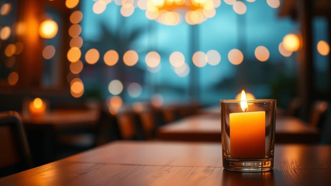 A lit candle in a glass holder on an empty restaurant table at dusk, with warm string lights softly blurred behind it
