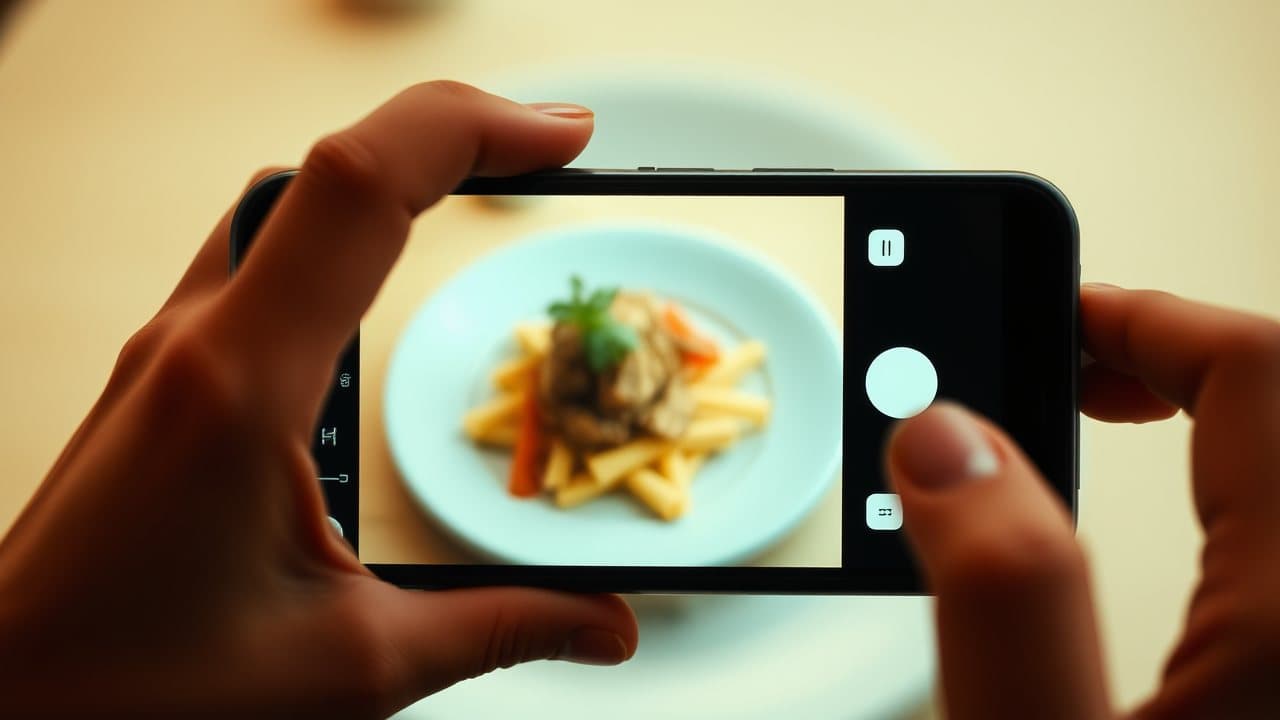 A hand holding a smartphone photographing a plated dish from directly above on a restaurant table