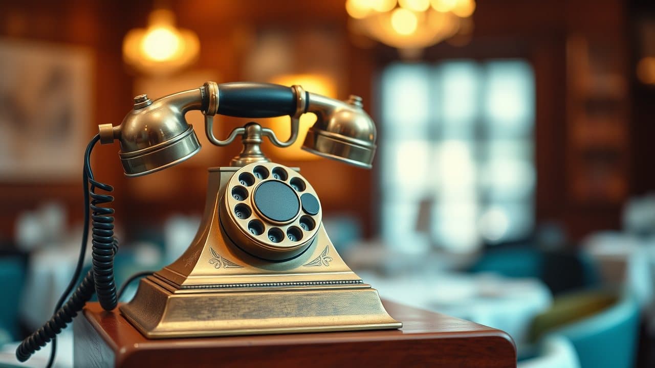 A vintage brass telephone receiver resting off the hook on a wooden host stand, with a warm, softly blurred dining room behind it